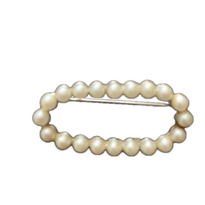 Vintage Marvella Faux Pearl Open oval oblong Silver Tone Brooch, Unisex Bridal